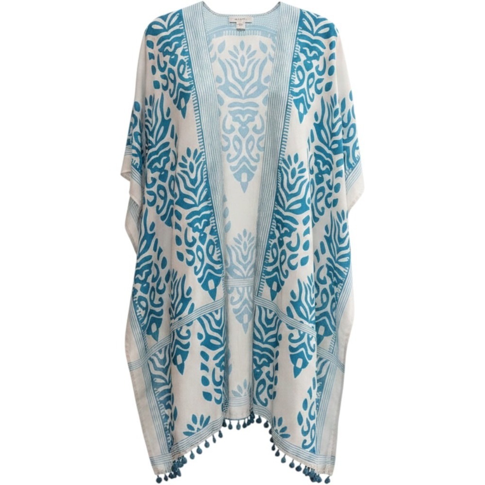 Womens Kimono Cover Up One Size Blue White Damask Print Pom Pom Trim Boho
